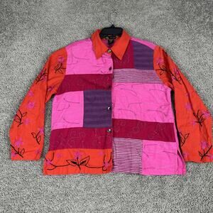 Mirasol Shirt Womens Medium Pink Orange Patchwork Embroidered Floral Button Up